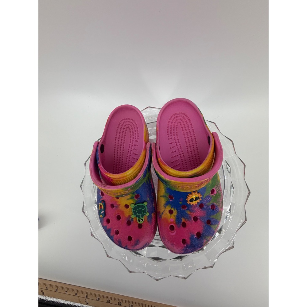 Crocs Tie Dye Pink Yellow Blue Green Turtle Sun Jibbitz Clogs Toddler Size 4 6 - Picture 2 of 10